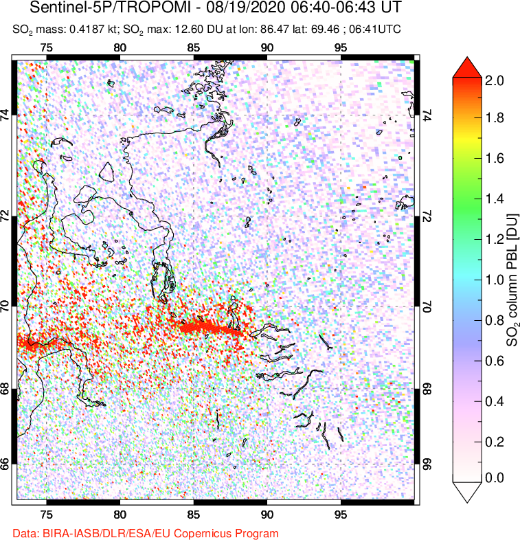 A sulfur dioxide image over Norilsk, Russian Federation on Aug 19, 2020.