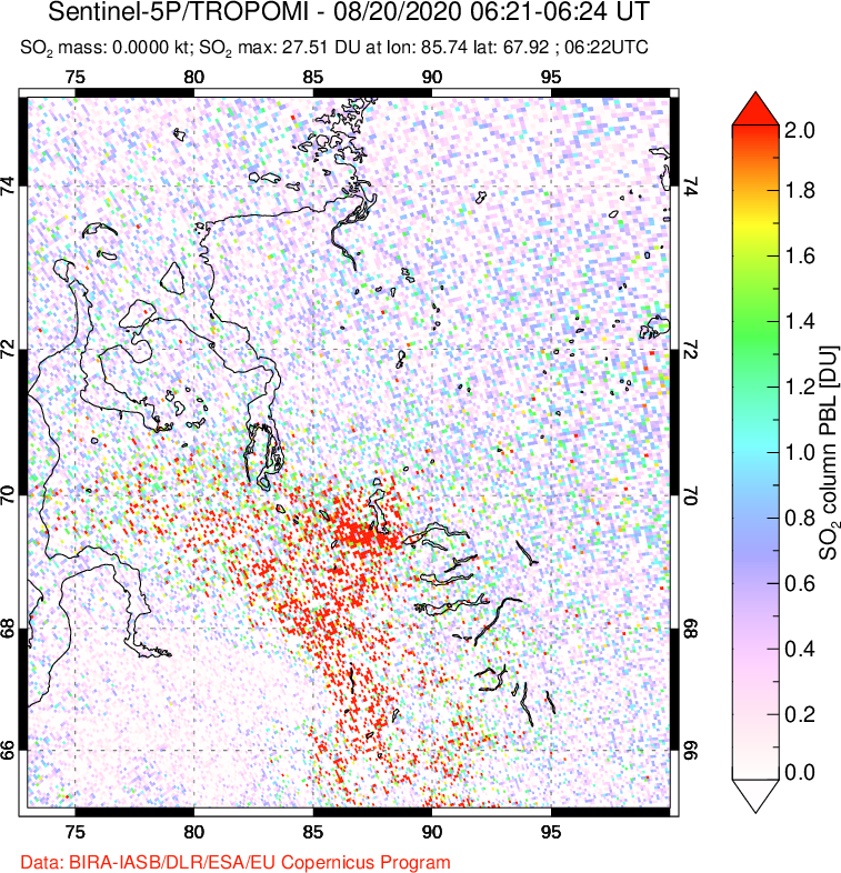 A sulfur dioxide image over Norilsk, Russian Federation on Aug 20, 2020.