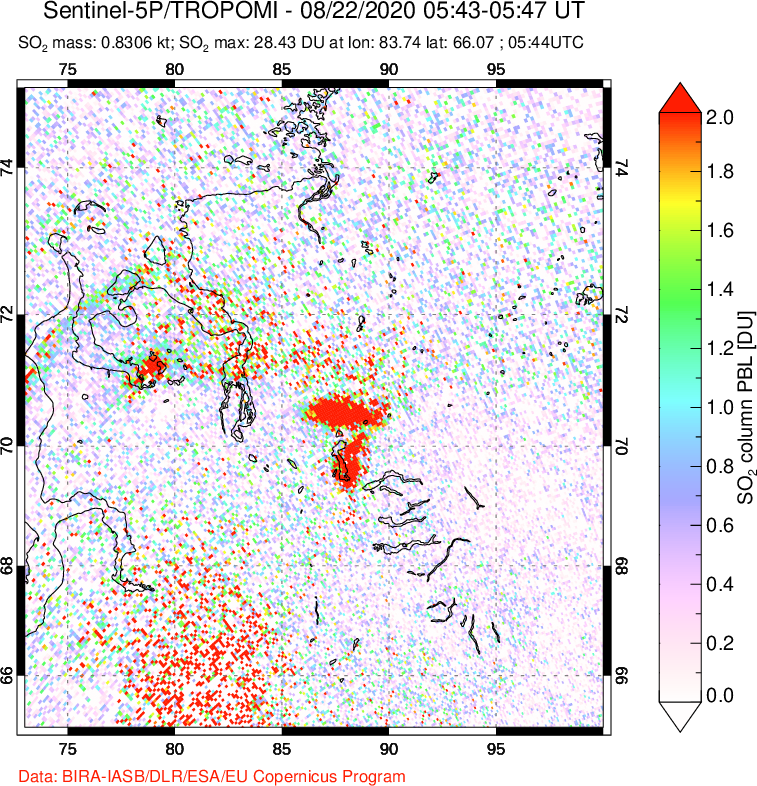 A sulfur dioxide image over Norilsk, Russian Federation on Aug 22, 2020.