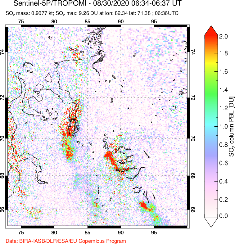A sulfur dioxide image over Norilsk, Russian Federation on Aug 30, 2020.