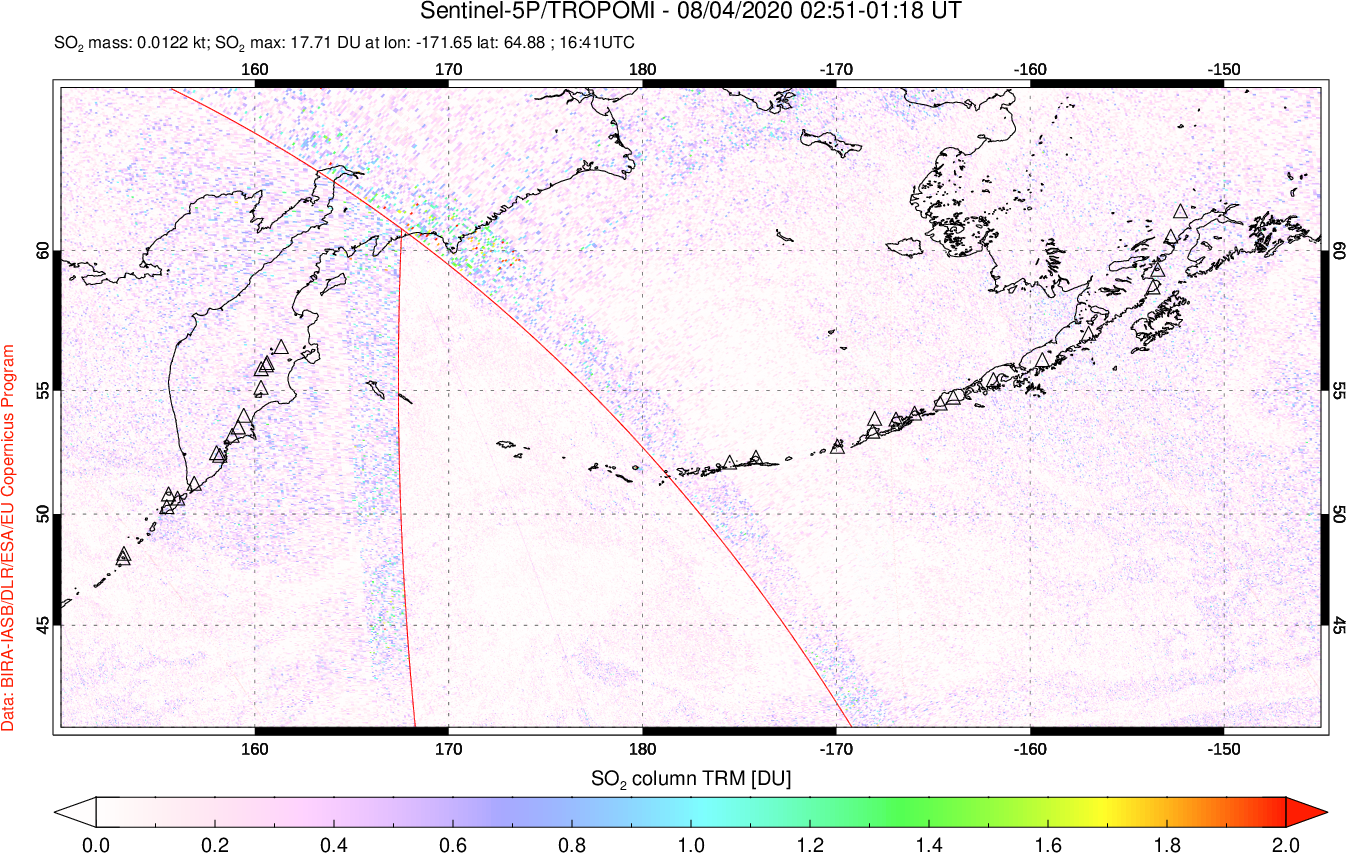 A sulfur dioxide image over North Pacific on Aug 04, 2020.