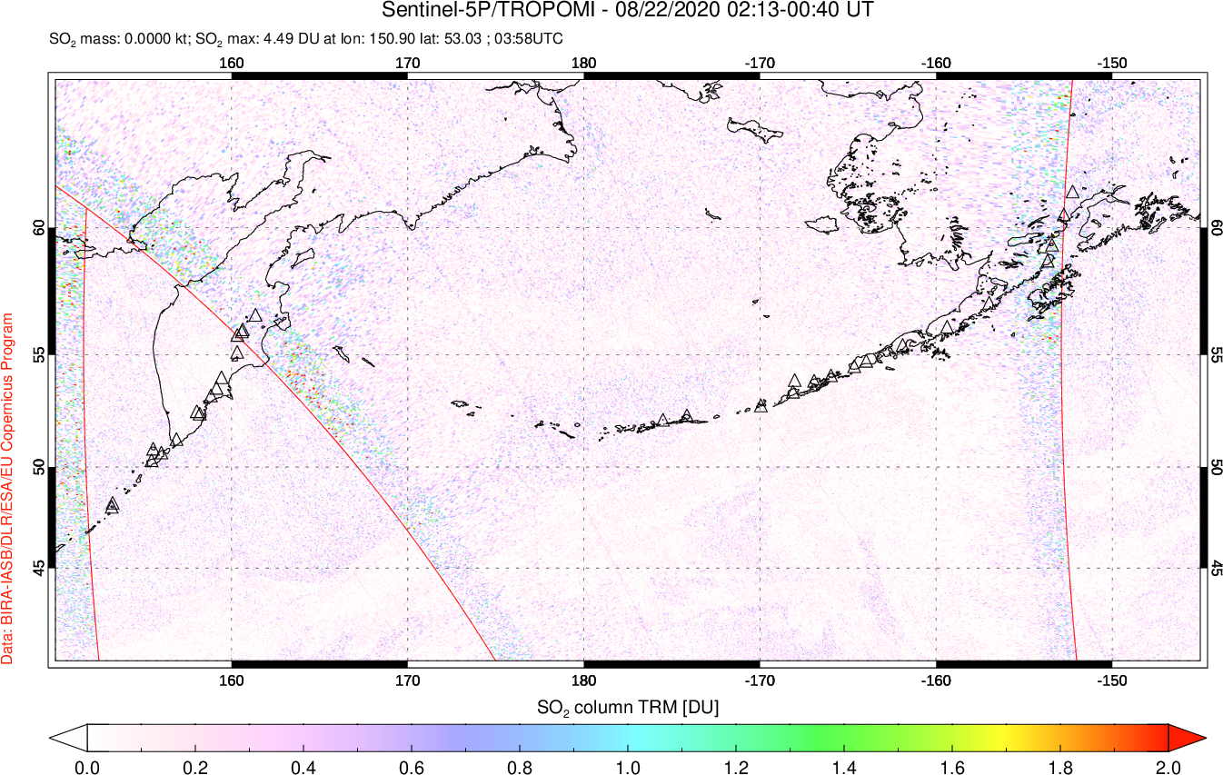 A sulfur dioxide image over North Pacific on Aug 22, 2020.