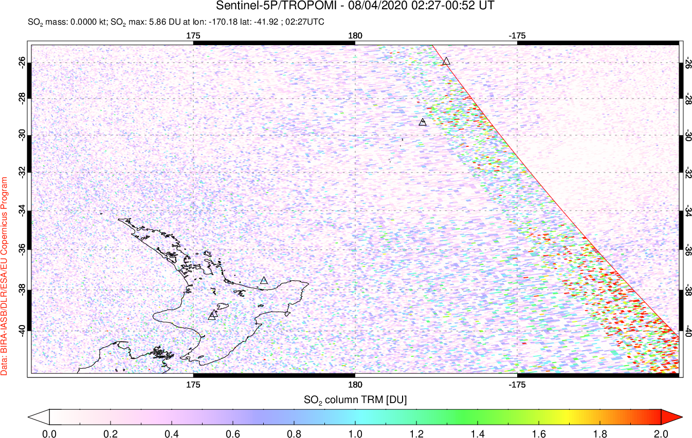 A sulfur dioxide image over New Zealand on Aug 04, 2020.