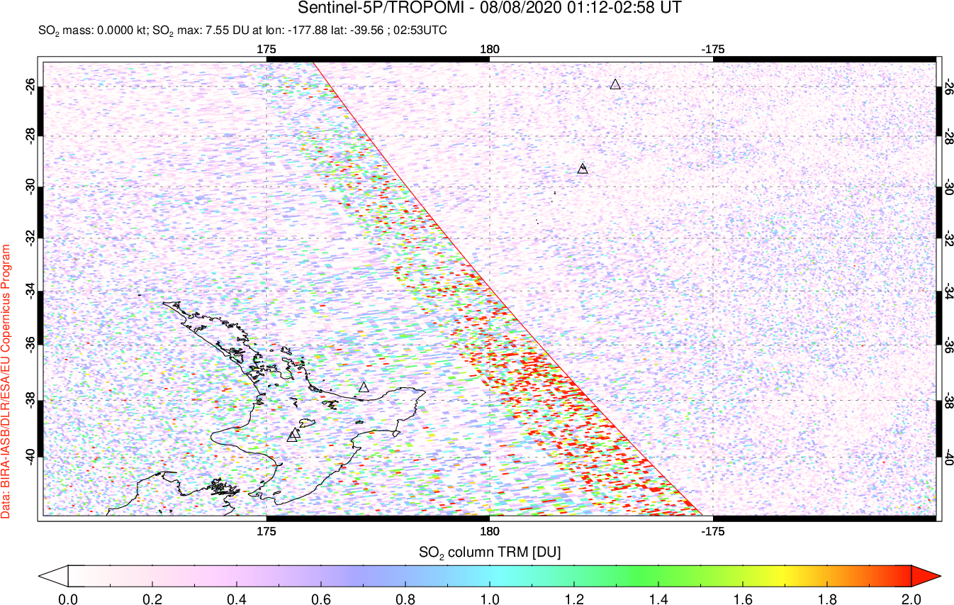 A sulfur dioxide image over New Zealand on Aug 08, 2020.