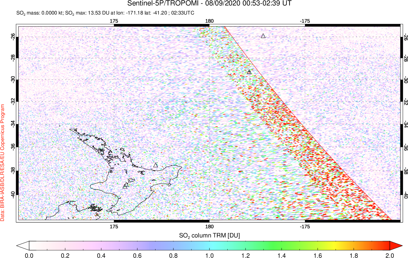 A sulfur dioxide image over New Zealand on Aug 09, 2020.