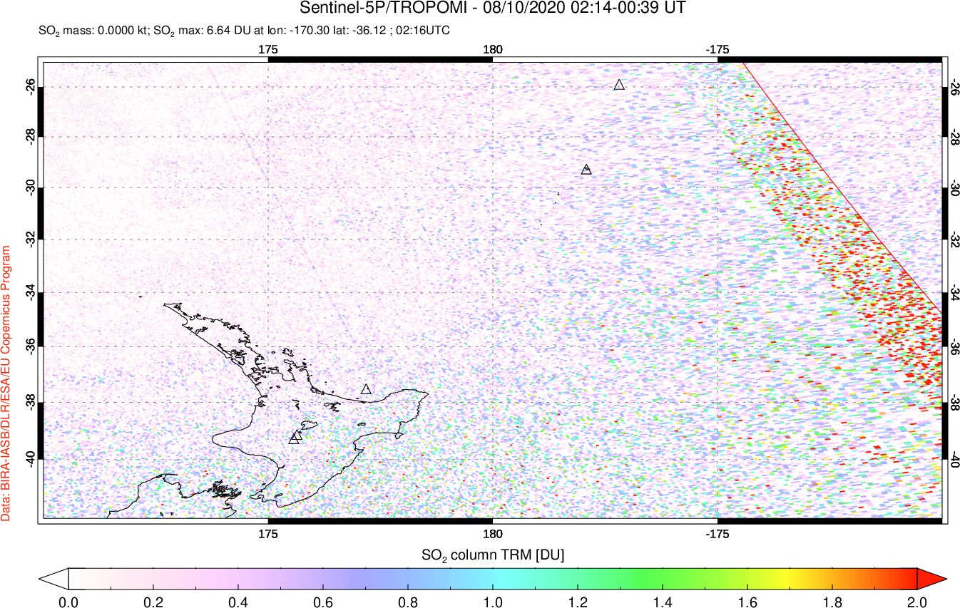 A sulfur dioxide image over New Zealand on Aug 10, 2020.