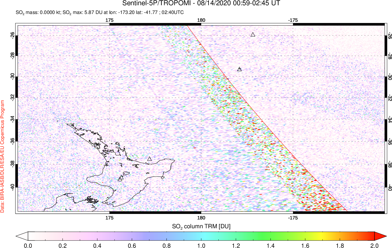 A sulfur dioxide image over New Zealand on Aug 14, 2020.