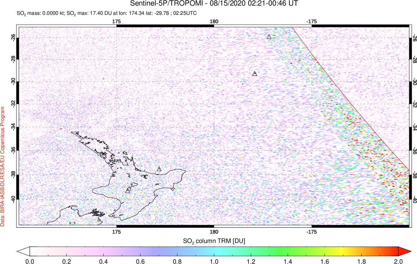 A sulfur dioxide image over New Zealand on Aug 15, 2020.