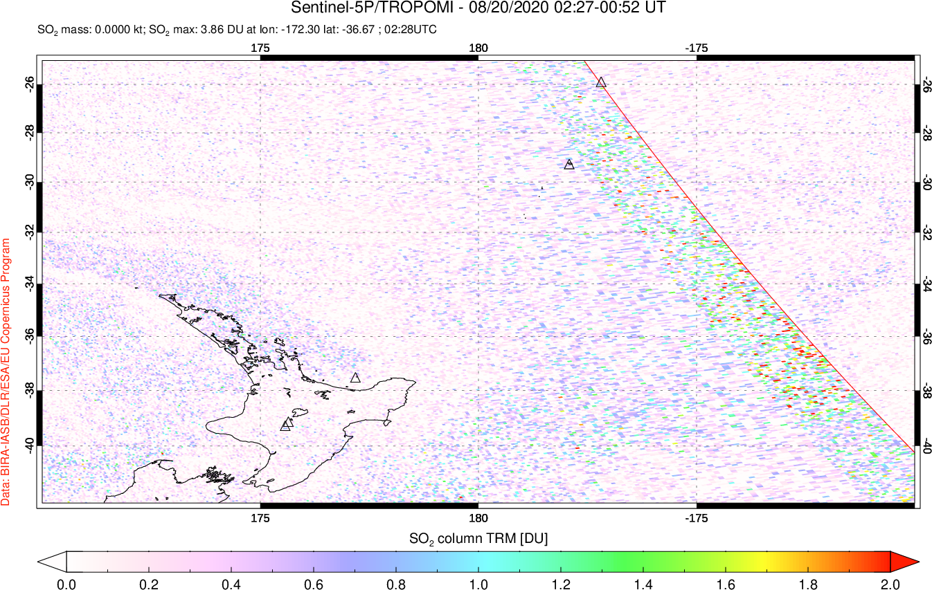 A sulfur dioxide image over New Zealand on Aug 20, 2020.