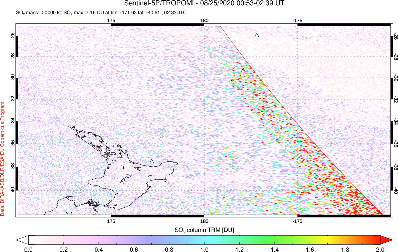 A sulfur dioxide image over New Zealand on Aug 25, 2020.