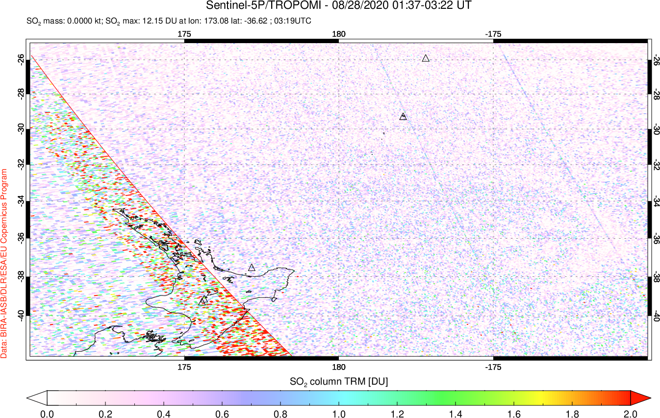 A sulfur dioxide image over New Zealand on Aug 28, 2020.