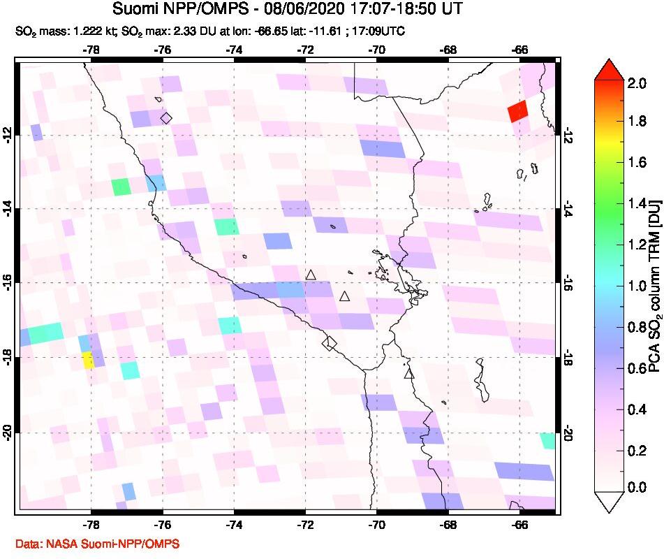 A sulfur dioxide image over Peru on Aug 06, 2020.