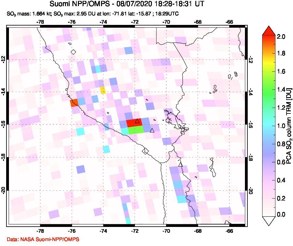 A sulfur dioxide image over Peru on Aug 07, 2020.