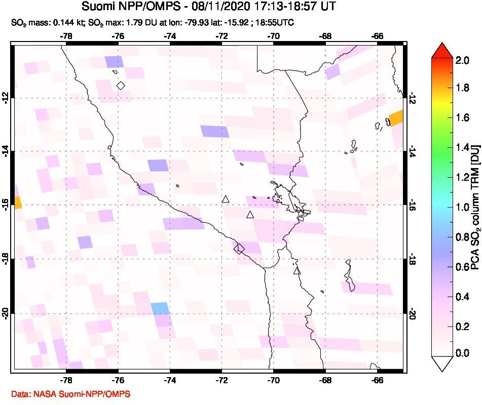 A sulfur dioxide image over Peru on Aug 11, 2020.