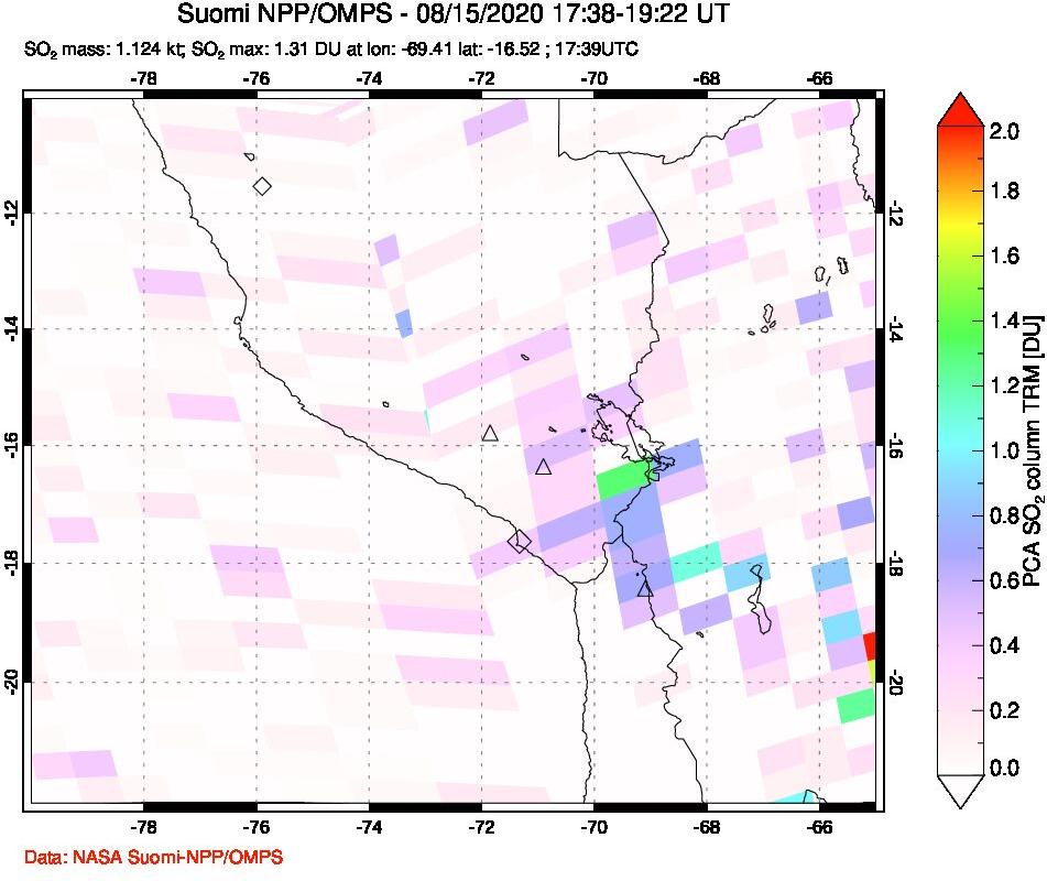 A sulfur dioxide image over Peru on Aug 15, 2020.