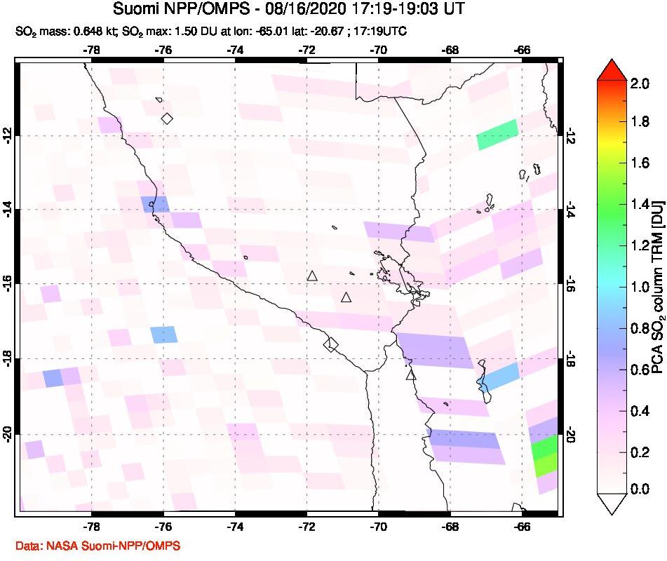 A sulfur dioxide image over Peru on Aug 16, 2020.