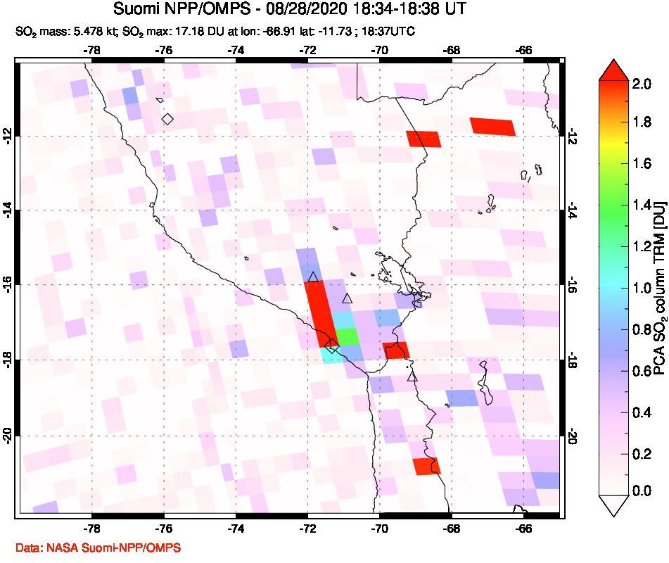 A sulfur dioxide image over Peru on Aug 28, 2020.
