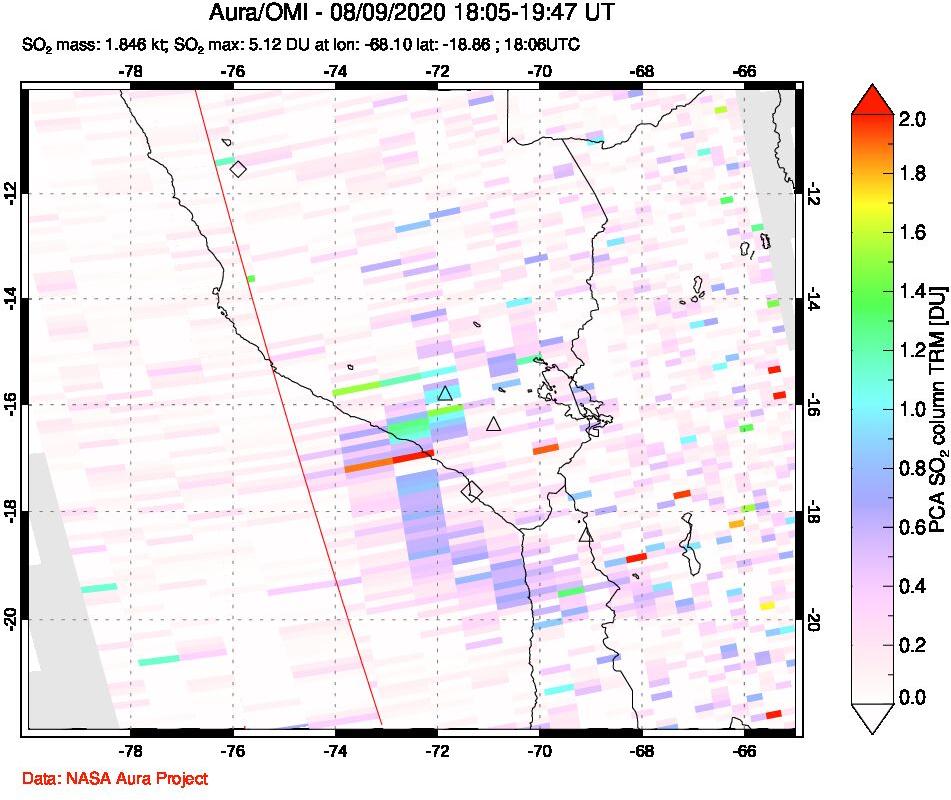 A sulfur dioxide image over Peru on Aug 09, 2020.