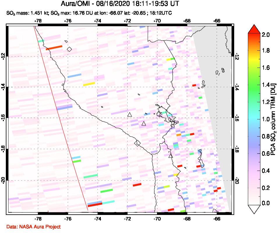 A sulfur dioxide image over Peru on Aug 16, 2020.