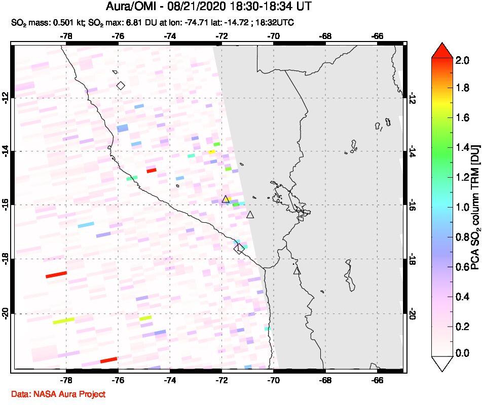 A sulfur dioxide image over Peru on Aug 21, 2020.