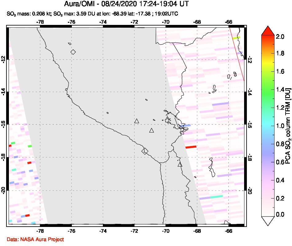 A sulfur dioxide image over Peru on Aug 24, 2020.