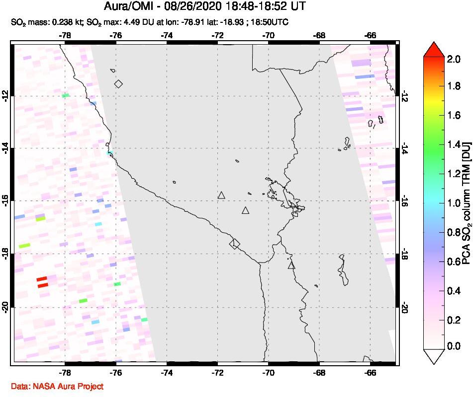 A sulfur dioxide image over Peru on Aug 26, 2020.