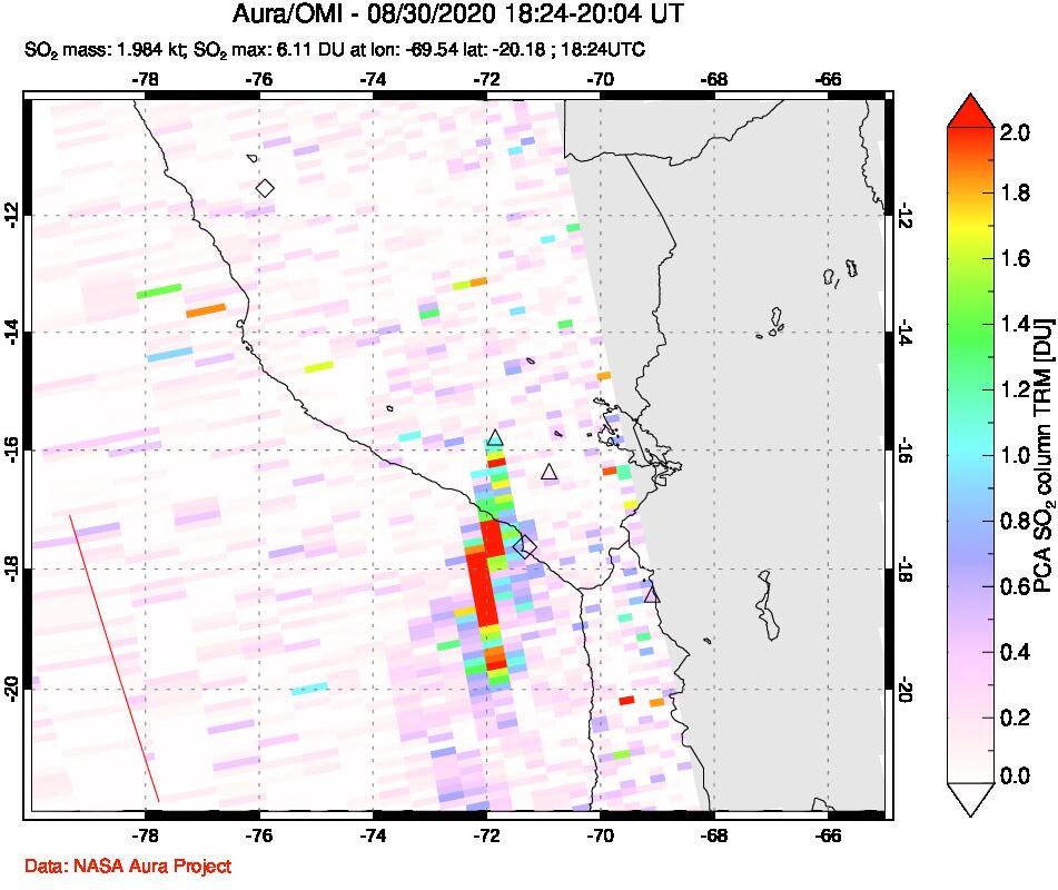 A sulfur dioxide image over Peru on Aug 30, 2020.