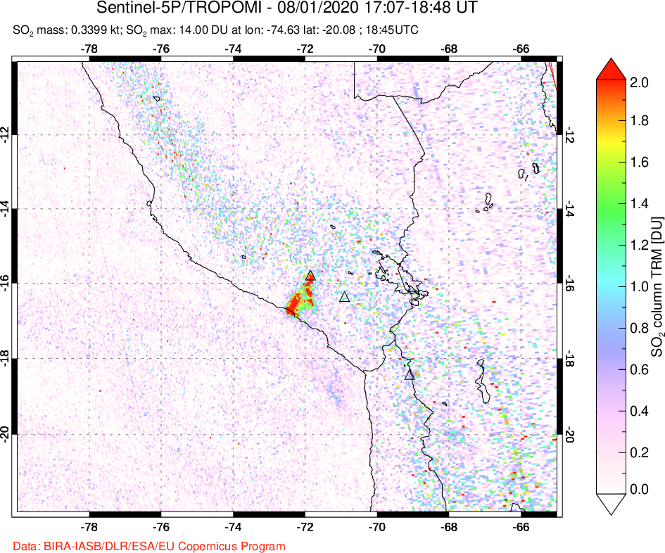A sulfur dioxide image over Peru on Aug 01, 2020.