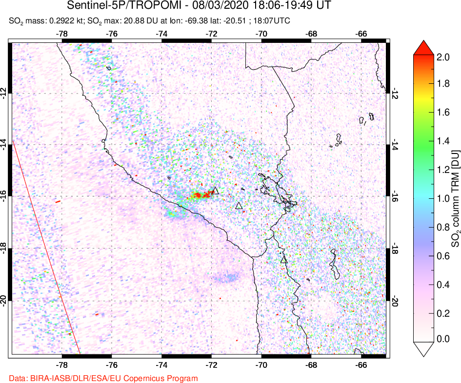 A sulfur dioxide image over Peru on Aug 03, 2020.