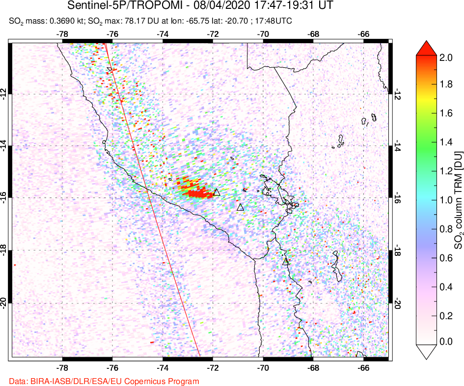 A sulfur dioxide image over Peru on Aug 04, 2020.