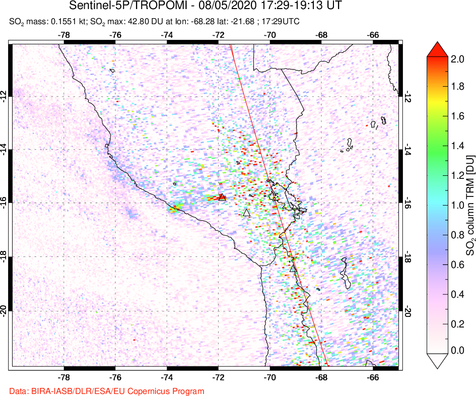 A sulfur dioxide image over Peru on Aug 05, 2020.