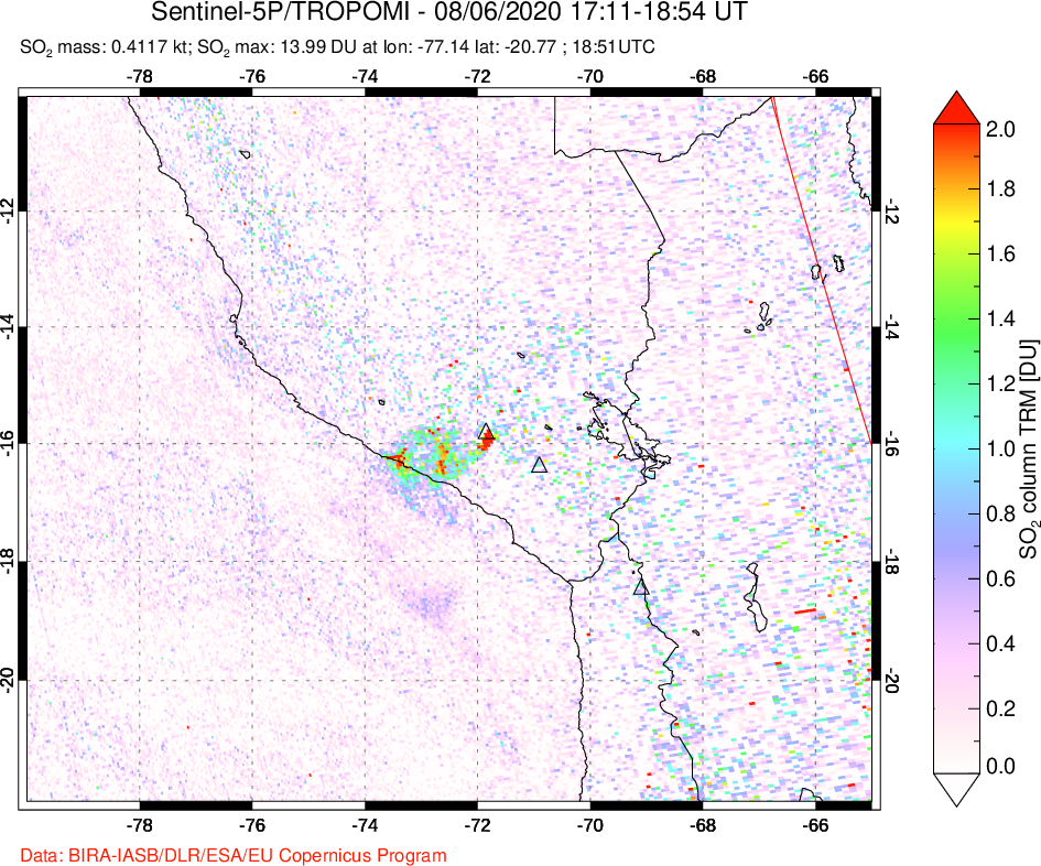A sulfur dioxide image over Peru on Aug 06, 2020.