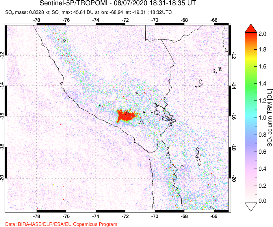 A sulfur dioxide image over Peru on Aug 07, 2020.