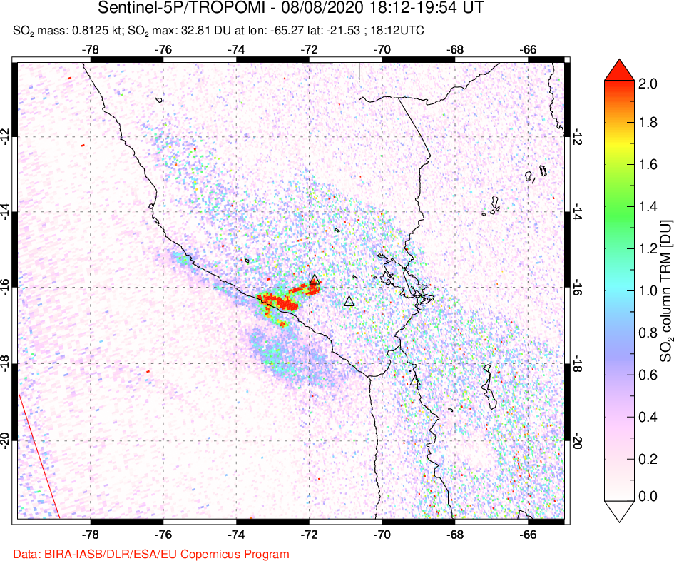 A sulfur dioxide image over Peru on Aug 08, 2020.