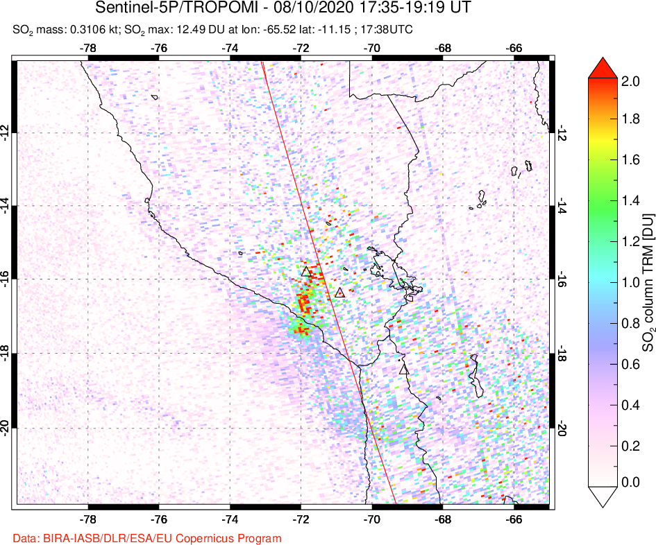 A sulfur dioxide image over Peru on Aug 10, 2020.