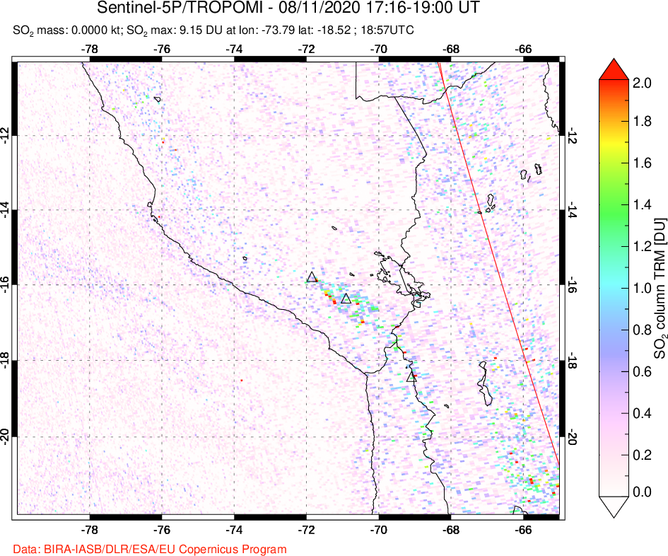 A sulfur dioxide image over Peru on Aug 11, 2020.