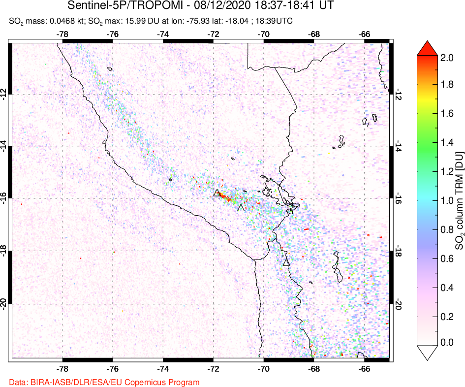 A sulfur dioxide image over Peru on Aug 12, 2020.
