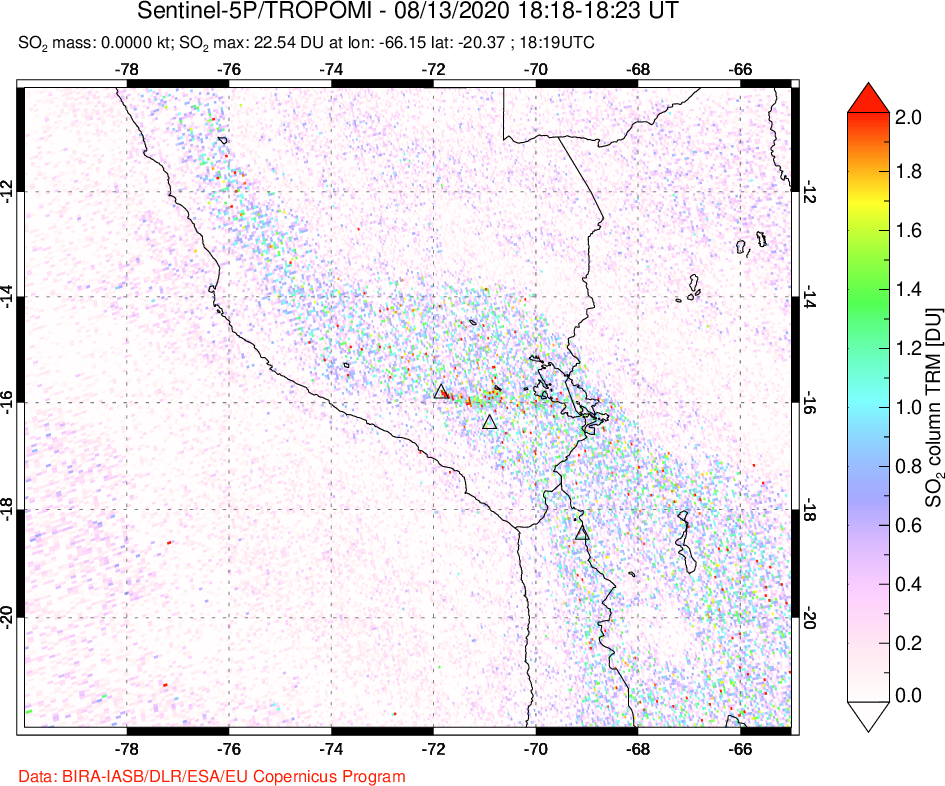 A sulfur dioxide image over Peru on Aug 13, 2020.