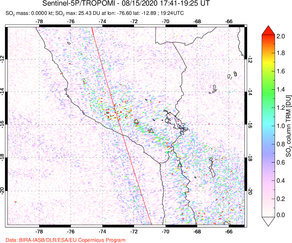 A sulfur dioxide image over Peru on Aug 15, 2020.