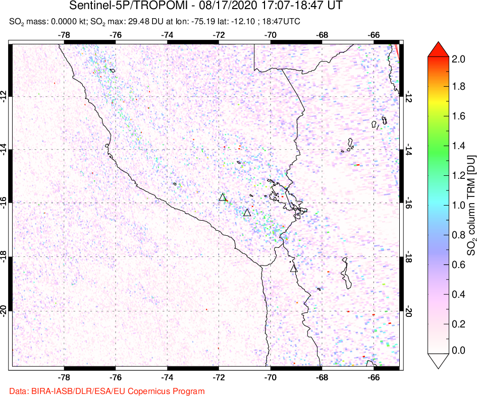 A sulfur dioxide image over Peru on Aug 17, 2020.