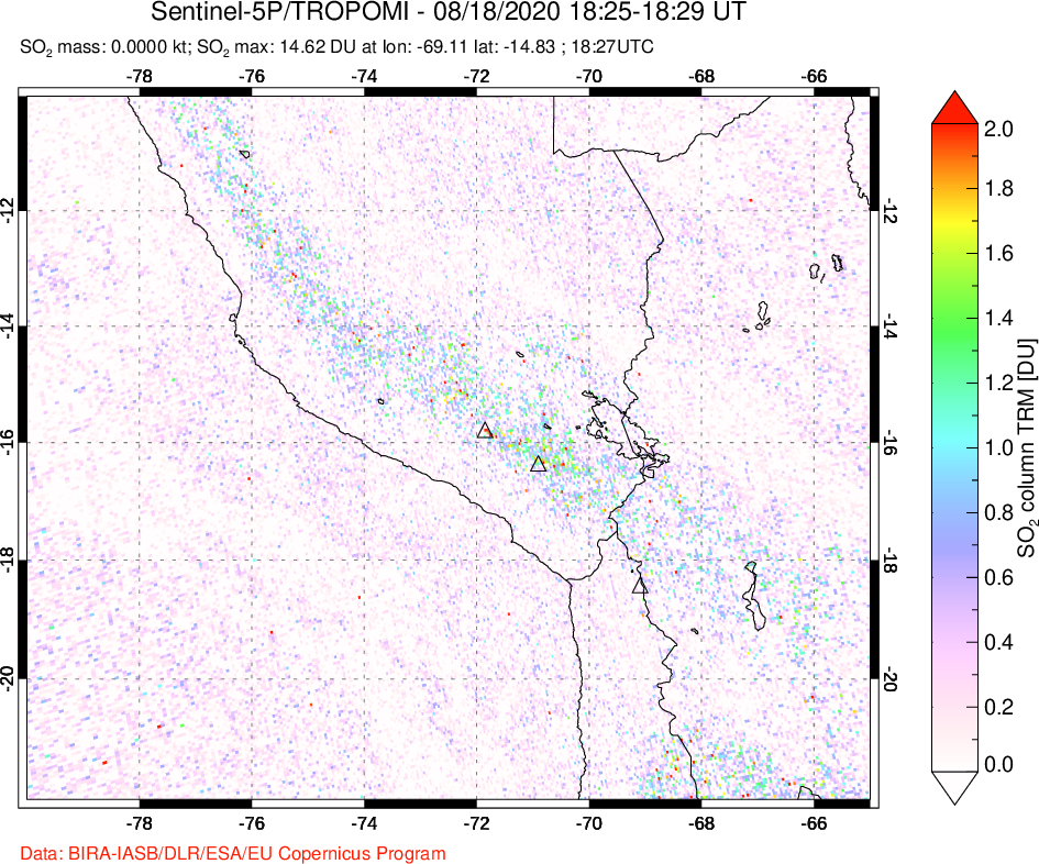 A sulfur dioxide image over Peru on Aug 18, 2020.