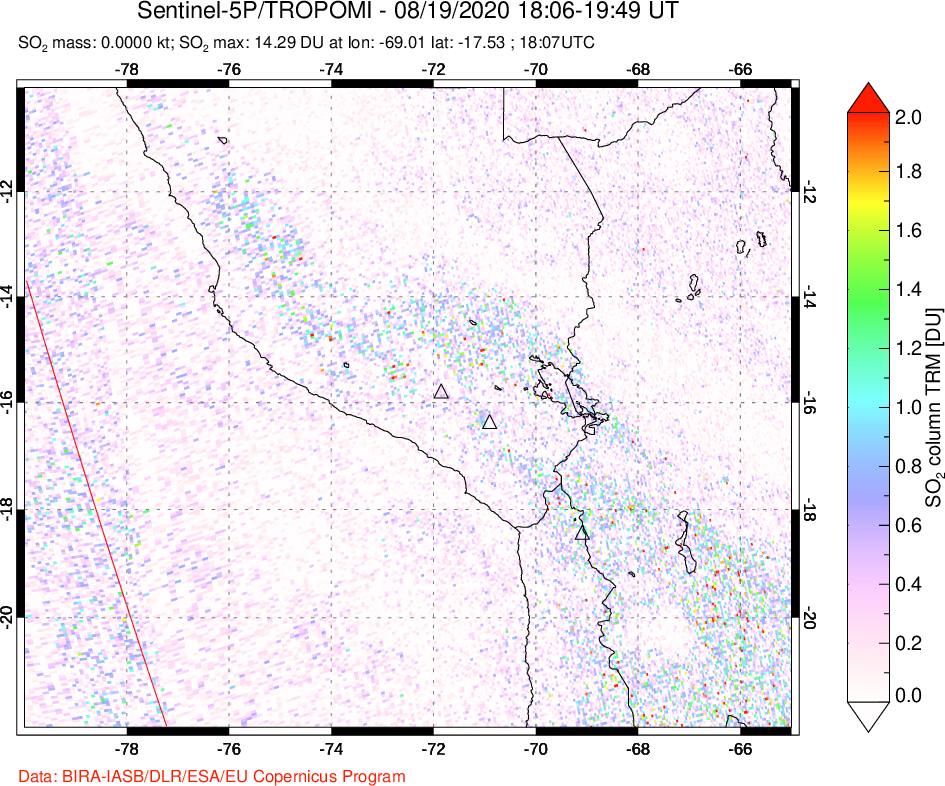 A sulfur dioxide image over Peru on Aug 19, 2020.