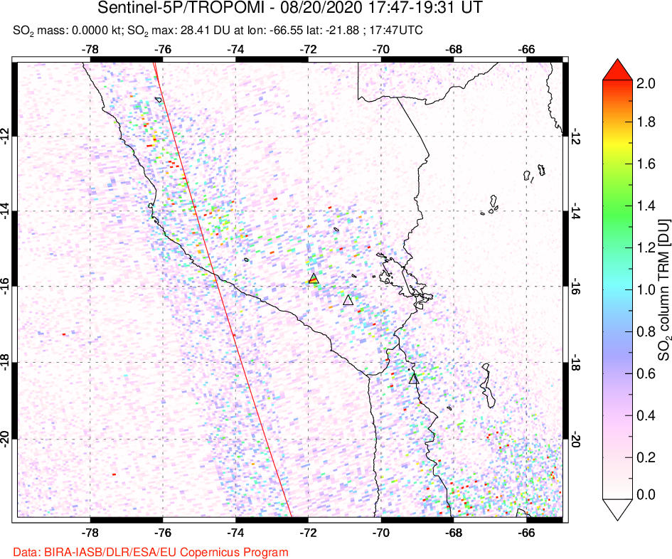 A sulfur dioxide image over Peru on Aug 20, 2020.