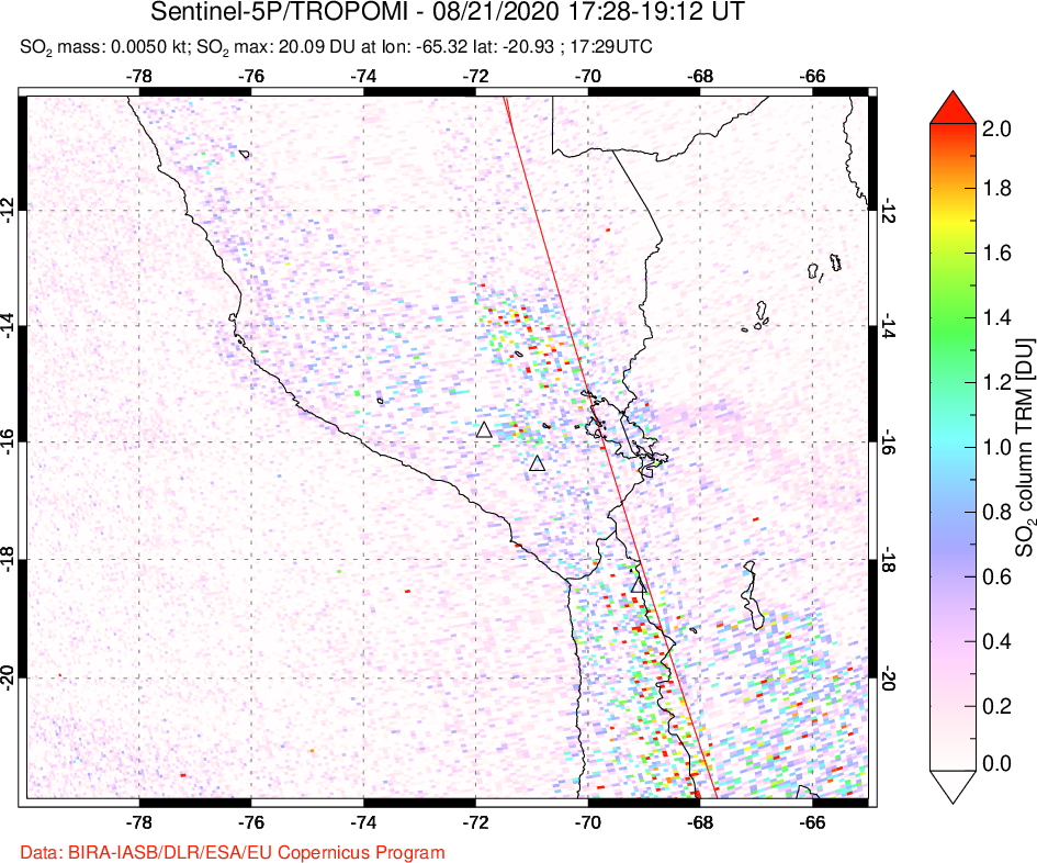 A sulfur dioxide image over Peru on Aug 21, 2020.