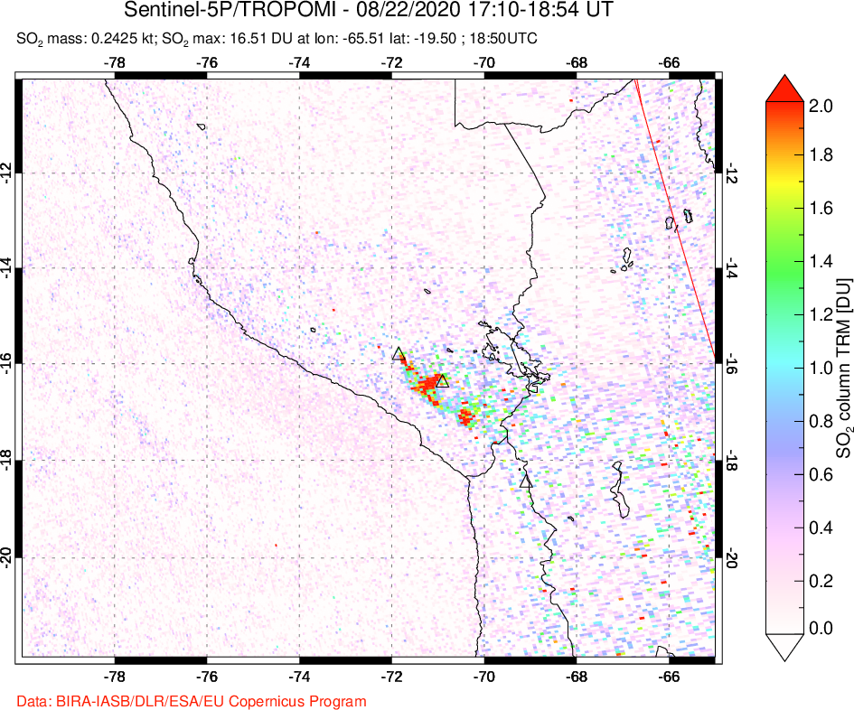 A sulfur dioxide image over Peru on Aug 22, 2020.