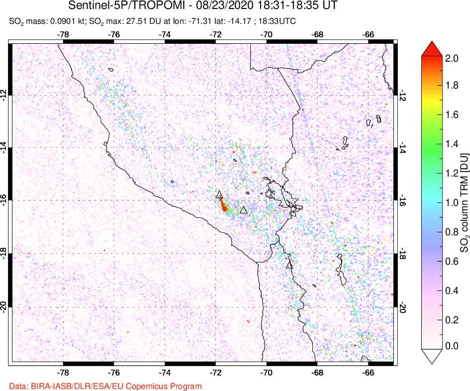 A sulfur dioxide image over Peru on Aug 23, 2020.