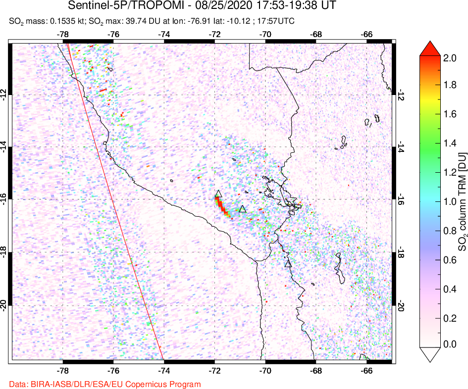 A sulfur dioxide image over Peru on Aug 25, 2020.