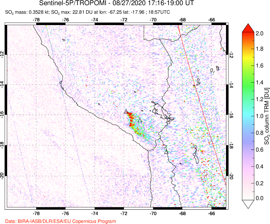A sulfur dioxide image over Peru on Aug 27, 2020.