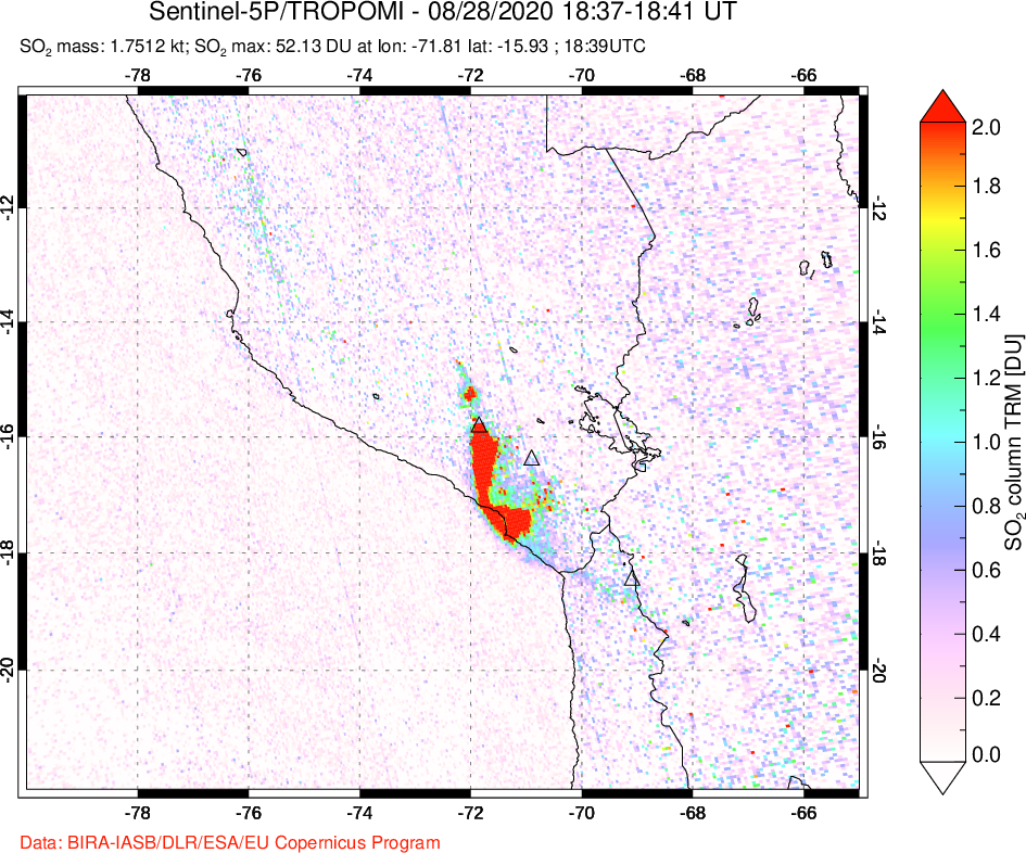 A sulfur dioxide image over Peru on Aug 28, 2020.