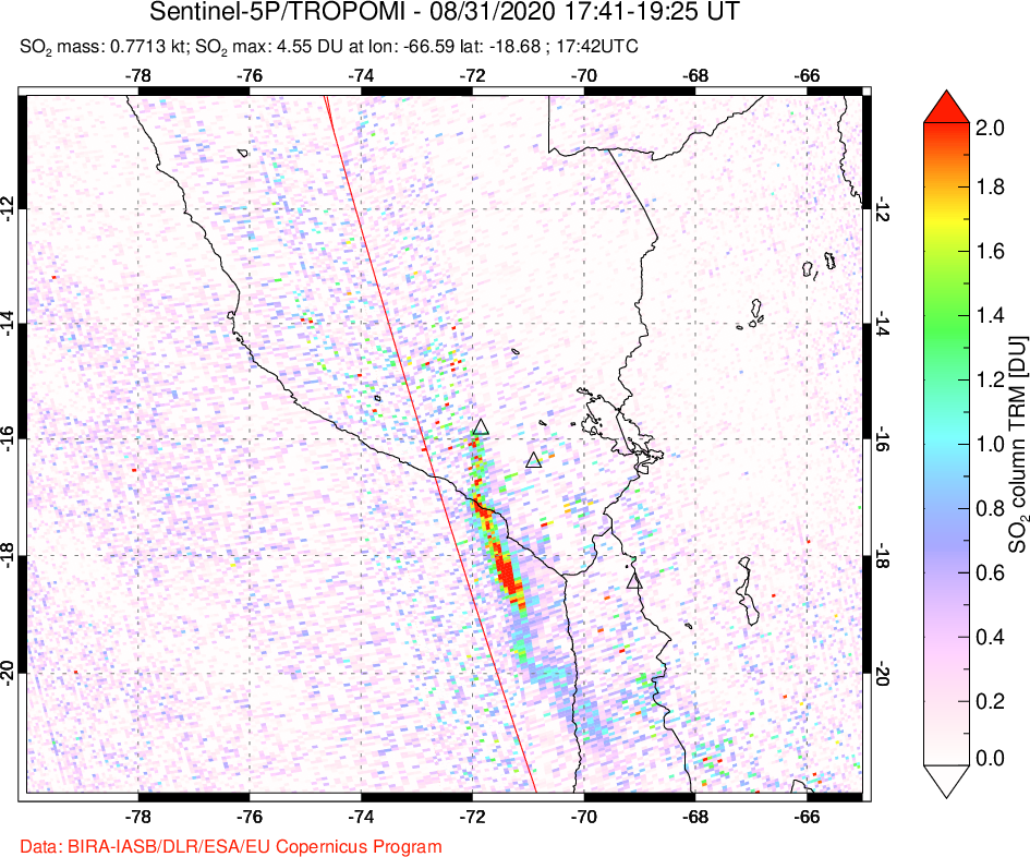 A sulfur dioxide image over Peru on Aug 31, 2020.